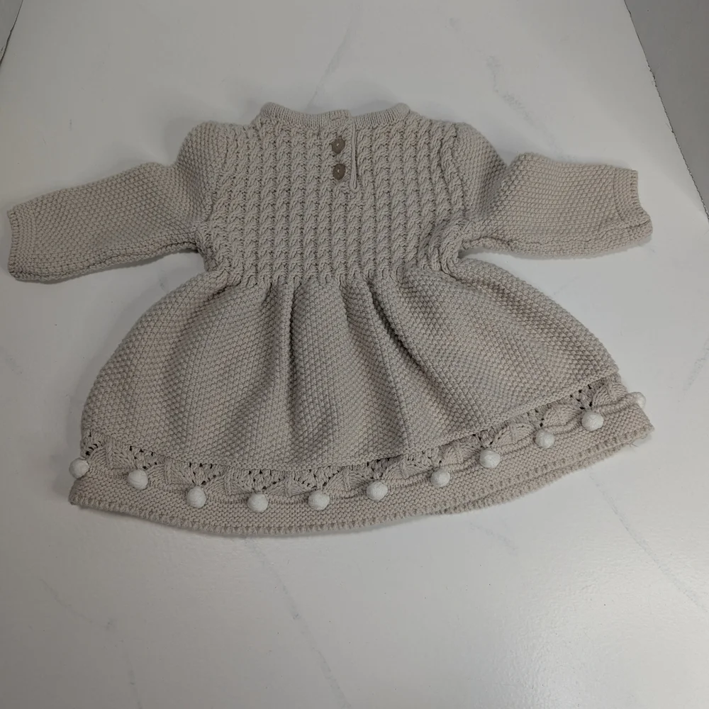 Cupcakes & Cashmere Baby Girl's Beige Knit Sweater Dress Pom Pom Trim, 3-6 Month